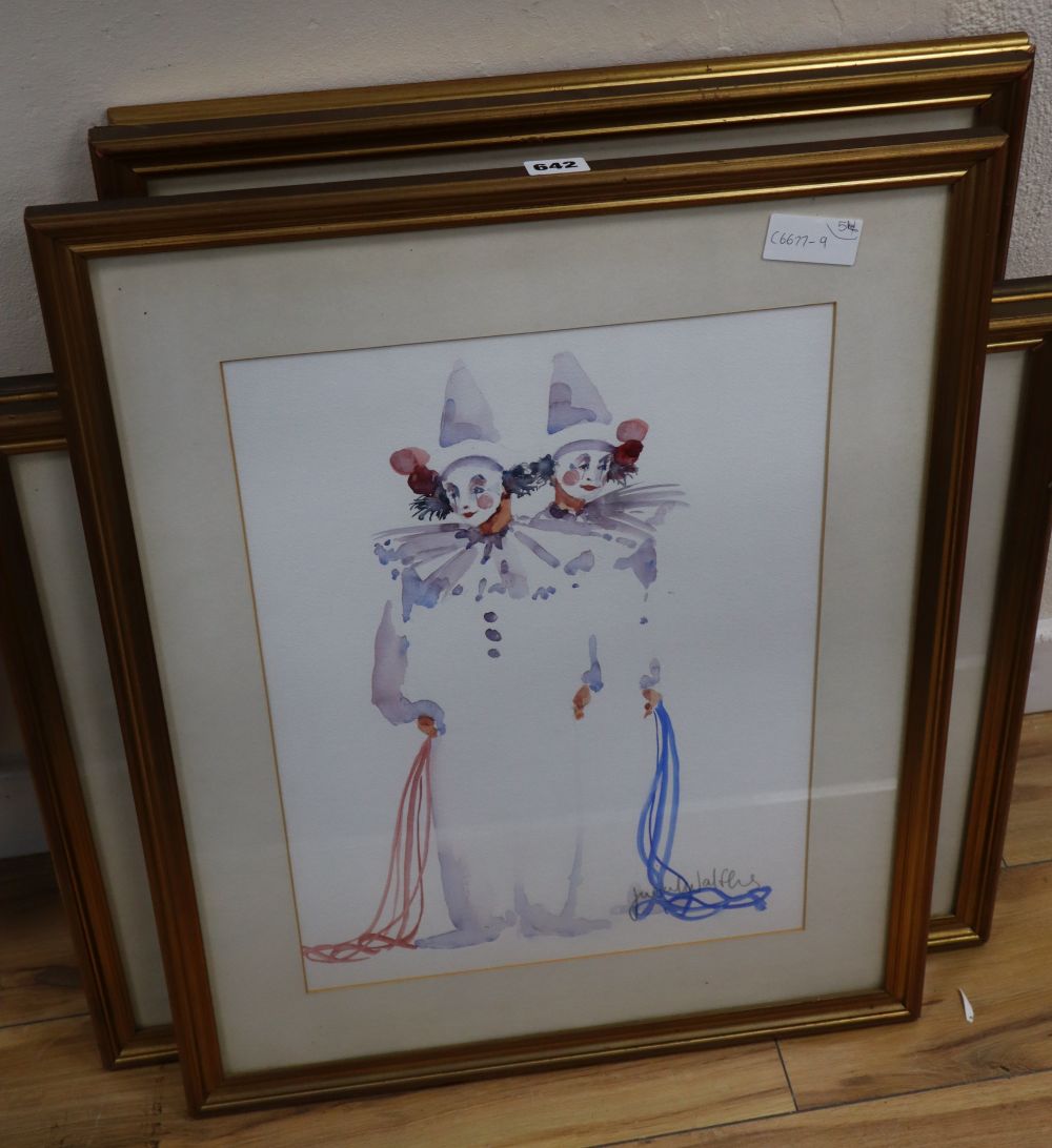 Judith Caulfield Walshe, five watercolours, Studies of clowns and puppets, signed, largest 45 x 33cm